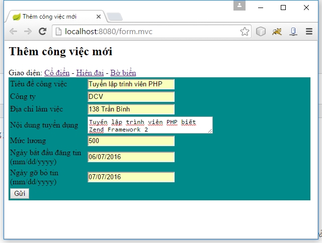 Cho phép tùy chọn Giao diện trong Spring Web MVC framework