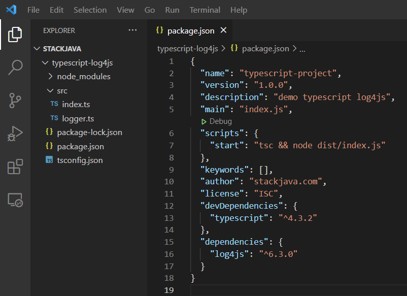 Code ví dụ TypeScript logger (ghi log TypeScript với log4js)